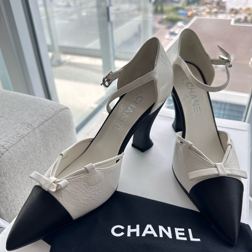 CHANEL Black and White Ankle Strap Heels